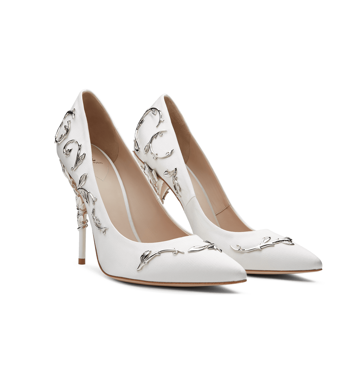 White Satin Eden Pumps with Silver Leaves